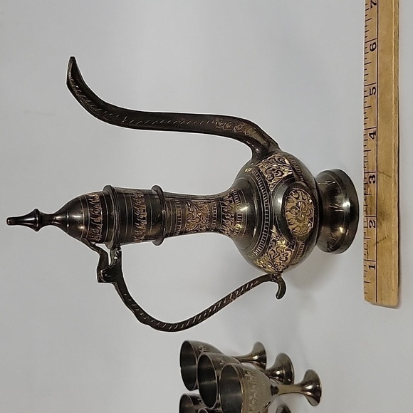 Vintage Brass Pewter Middle Eastern Etched Engraved Pot Plus (6) Goblets - Picture 5 of 10